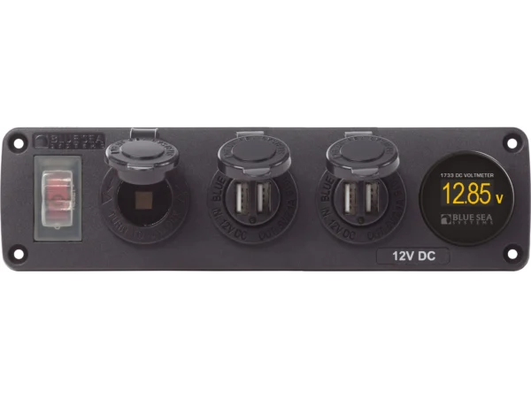 Blue Sea Water-Resistant 12V 15A Circuit Accessory Panel Socket, 2-Dual USB, Volt Meter