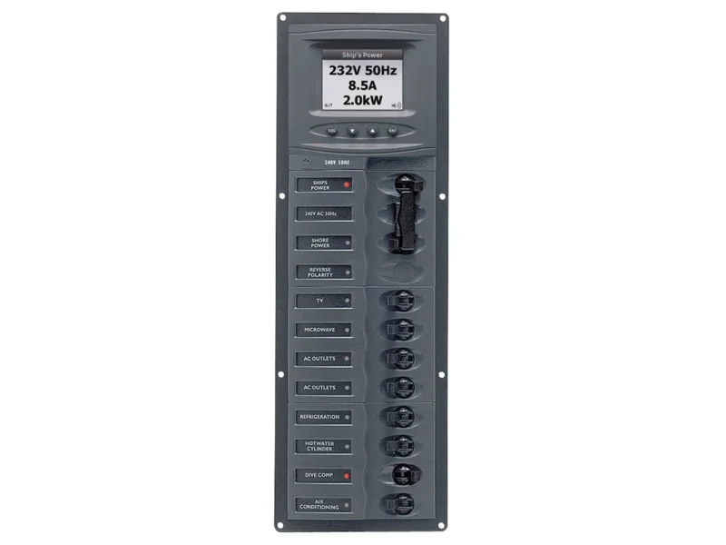 BEP AC Circuit Breaker Panel w/Digital Meters, 8SP 2DP AC230V ACSM Stainless Steel Vertical