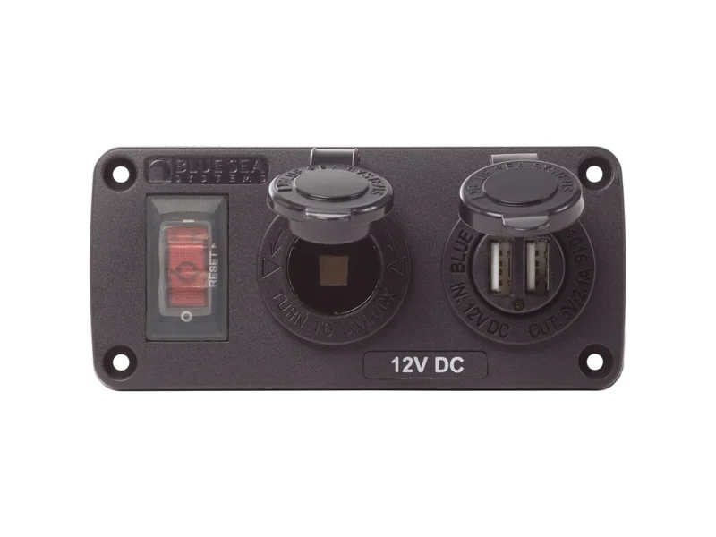 Blue Sea 4363 Water Resistant USB Accessory Panels - 15A Circuit Breaker, 12V Socket, 2.1A Dual USB Charger