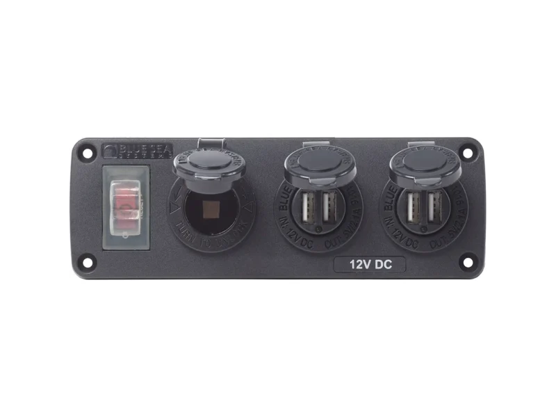 Blue Sea 4365 Water Resistant USB Accessory Panel - 15A Circuit Breaker, 12V Socket, 2x 2.1A Dual USB Chargers