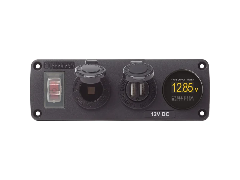 Blue Sea 4366 Water Resistant USB Accessory Panel - Circuit Breaker, 12V Socket, Dual USB Charger, Mini Voltmeter