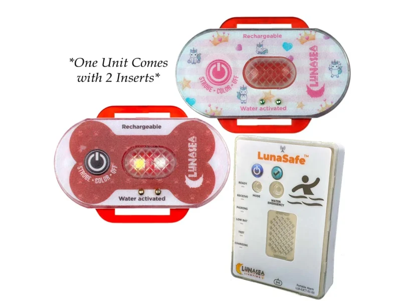 Lunasea Child/Pet Safety Water Activated Strobe Light w/RF Transmitter & Portable Audio/Visual Receiver - Red Case