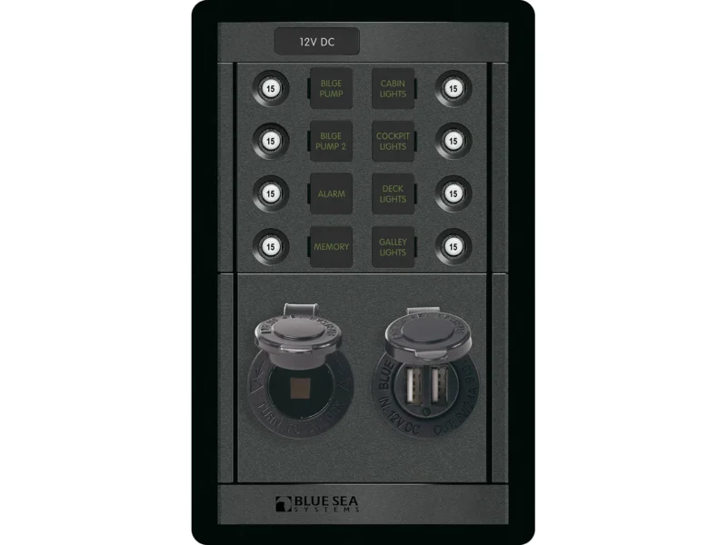 Blue Sea 1498 - 360 Panel - 8 Position 12V Panel w/Dual USB & 12V Socket