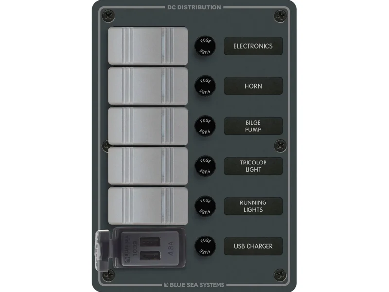 Blue Sea 8121 - 5 Position Contura Switch Panel w/Dual USB Chargers - 12/24V DC - Black