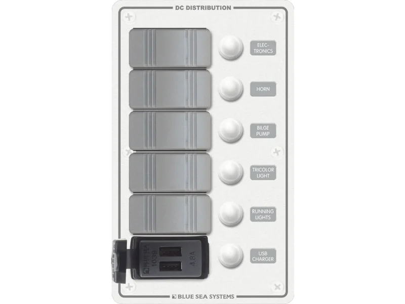 Blue Sea 8421 - 5 Position Contura Switch Panel w/Dual USB Chargers - 12/24V DC - White