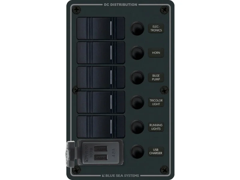 Blue Sea 8521 - 5 Position Contura Switch Panel w/Dual USB Chargers - 12/24V DC - Black