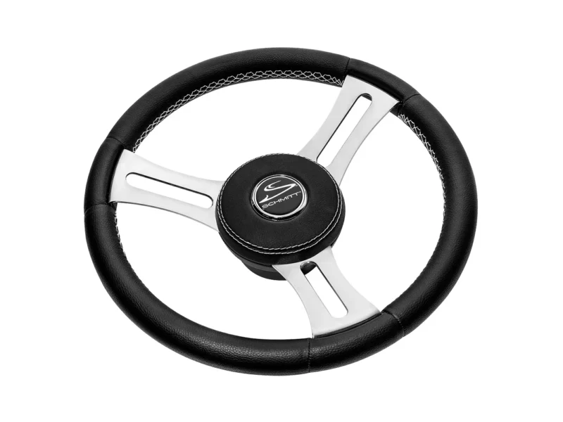 Schmitt Marine Torcello Elite 14" Wheel - Black Leather & Cap - White Stitching - Polished SS Spokes - 3/4" Tapered Shaft