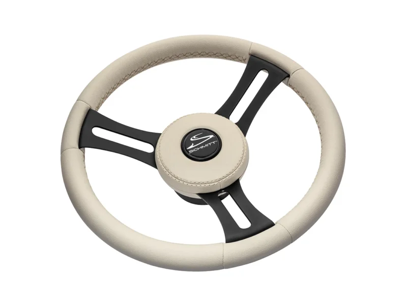 Schmitt Marine Torcello Elite 14" Wheel - Beige Leather & Cap - White Stitching - Black SS Spokes - 3/4" Tapered Shaft