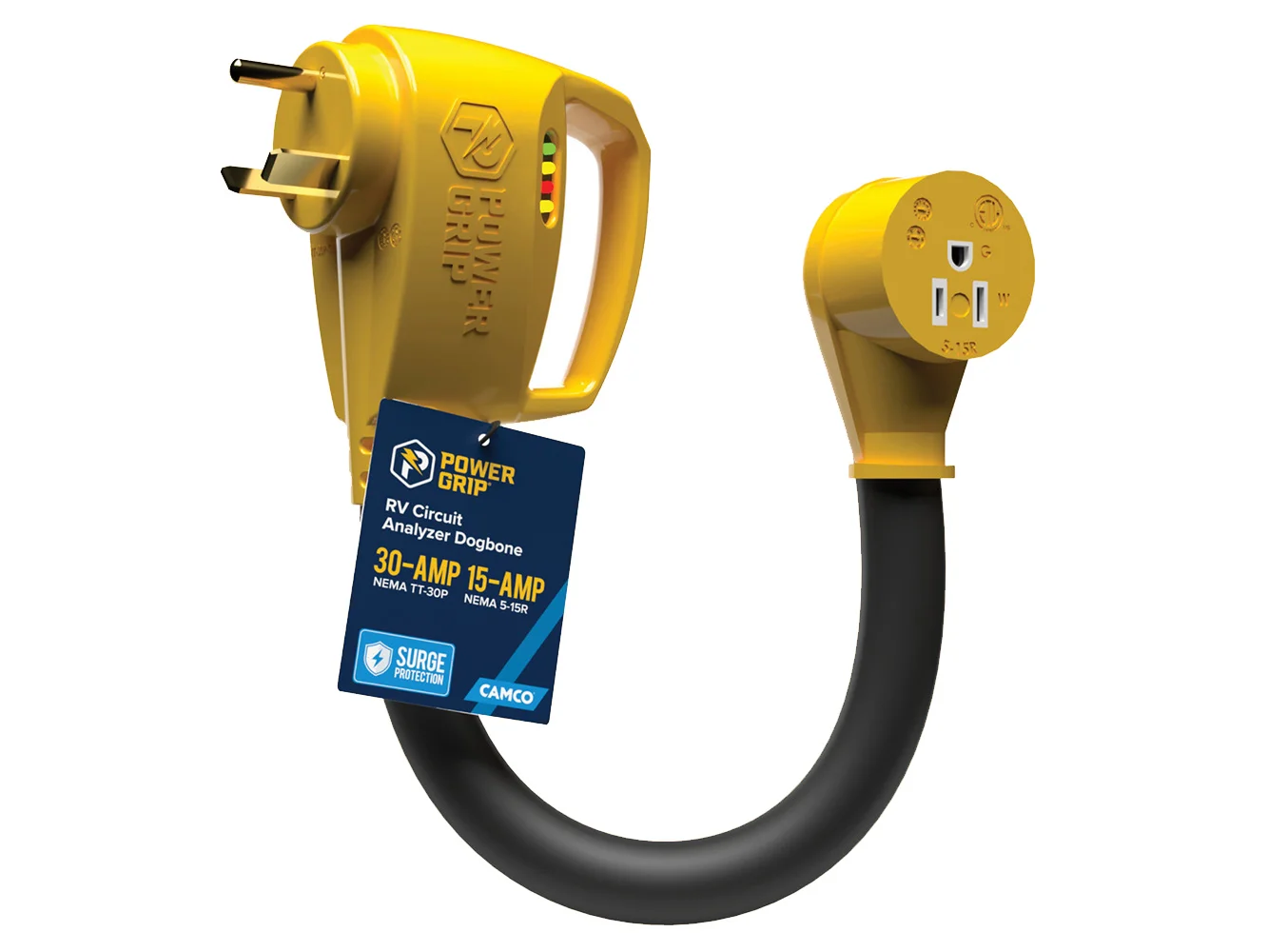 Camco Power Grip RV 12" 30Amp Circuit Analyzer Dogbone - Integrated Surge Protection