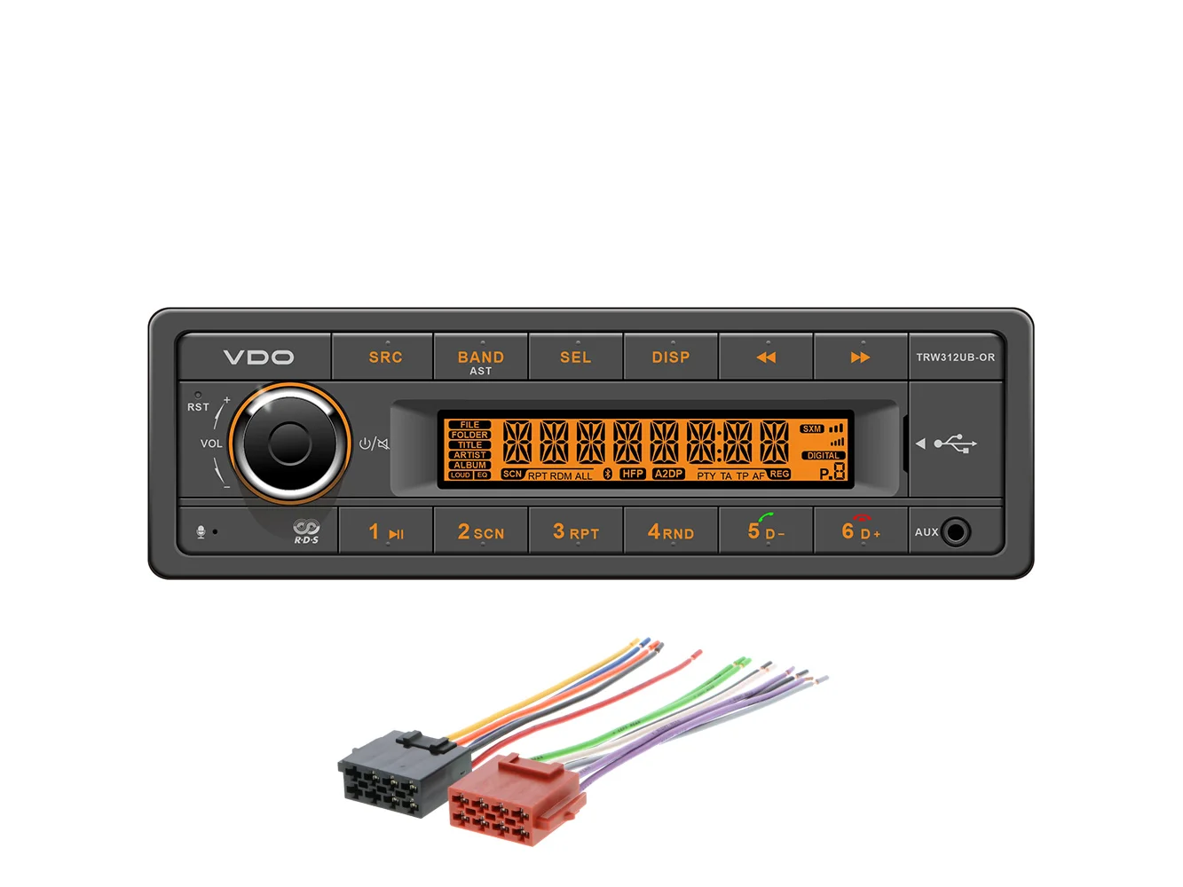 VDO 12V Radio w/FM RDS Tuner MP3/WMA/USB/Bluetooth - Orange Illumination - Includes Power Speaker Wire Harness