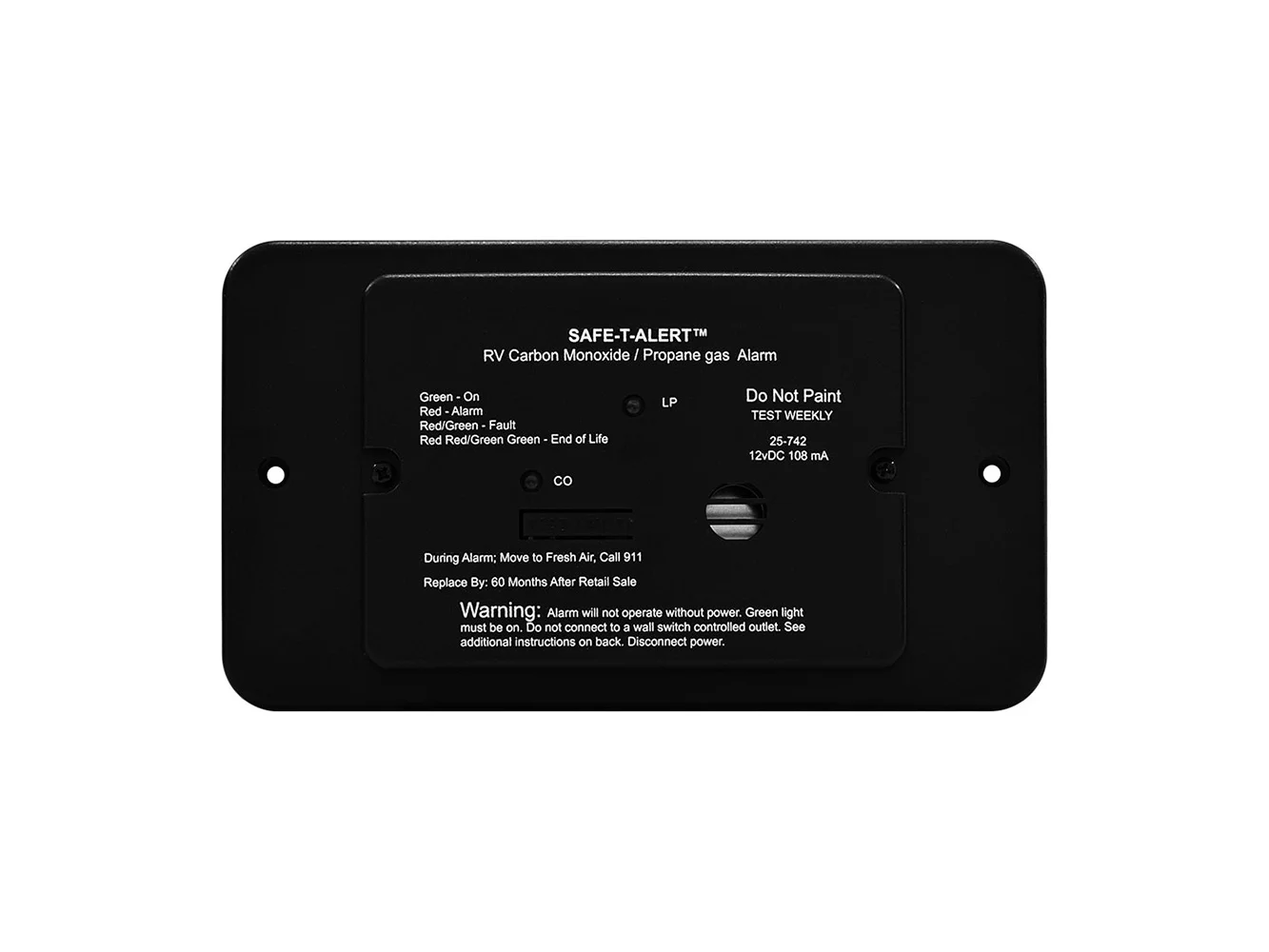 Safe-T-Alert 25 Series Flush Mount Dual Carbon Monoxide/Propane Alarm w/Trim Ring - Black - 12V Hard Wire