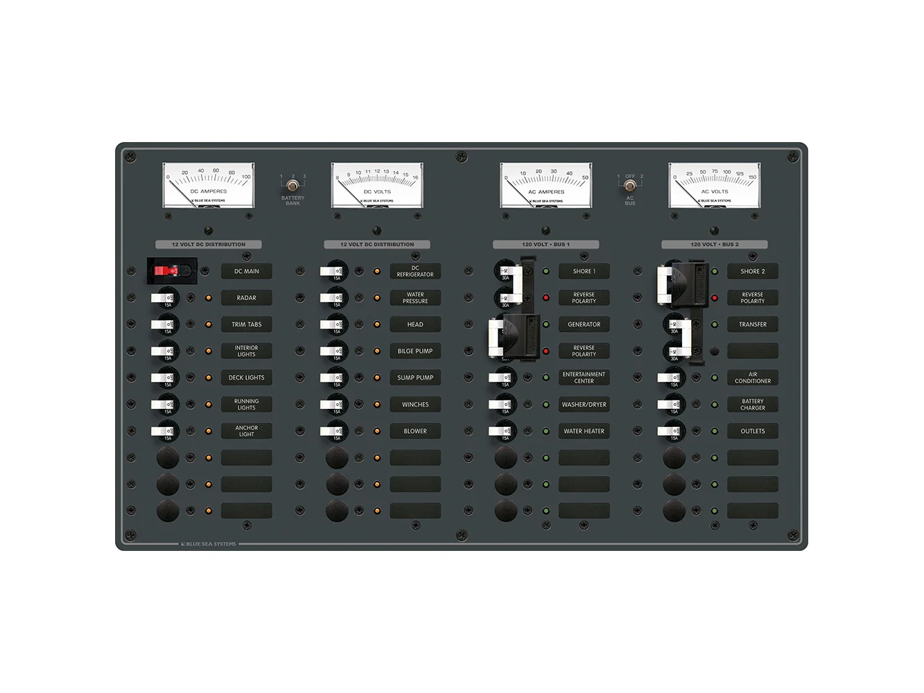 Blue Sea 8086 AC 3 Sources +12 Positions/DC Main +19 Position Toggle Circuit Breaker Panel - White Switches