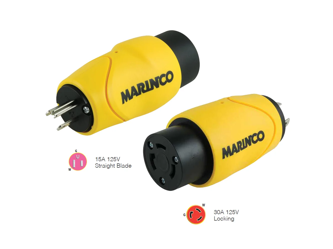 Marinco Straight Adapter 15Amp Straight Male to 30Amp Locking Female Connector