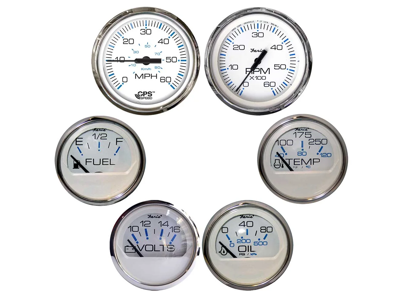 Faria Chesapeake White w/Stainless Steel Bezel Boxed Set of 6 - Speed, Tach, Fuel Level, Voltmeter, Water Temperature & Oil PSI - Inboard Motors