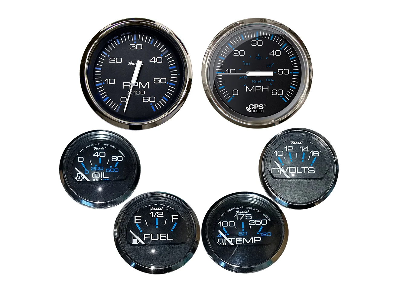 Faria Chesapeake Black w/Stainless Steel Bezel Boxed Set of 6 - Speed, Tach, Fuel Level, Voltmeter, Water Temperature & Oil PSI - Inboard Motors