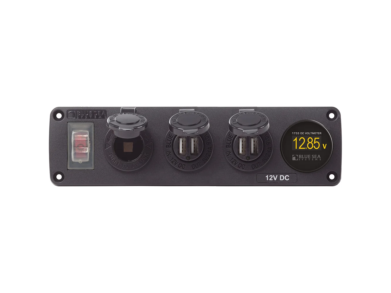 Blue Sea 4368 Water Resistant USB Accessory Panel - 12V Socket, 2x 2.1A Dual USB Chargers, Mini Voltmeter