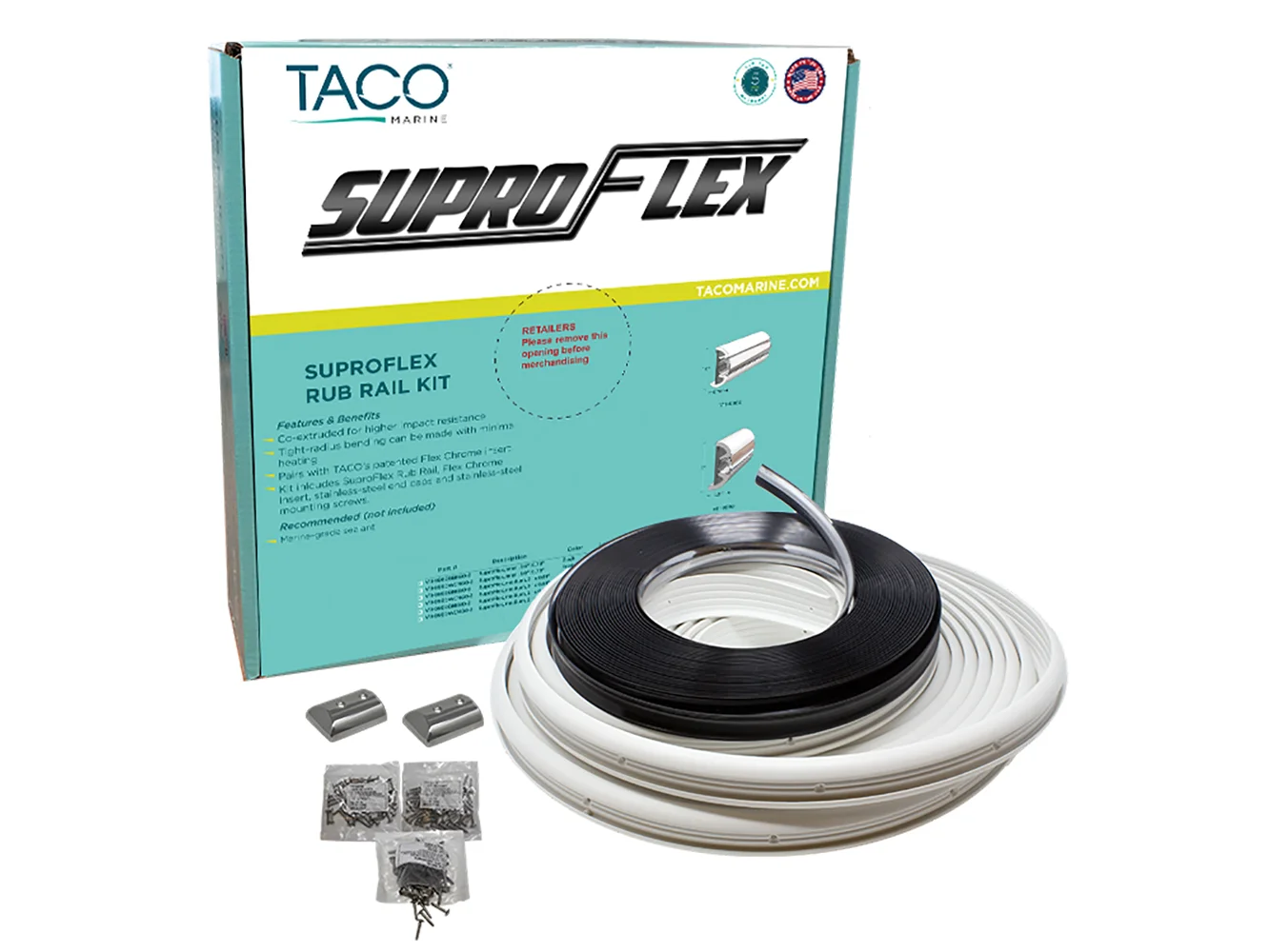 TACO SuproFlex Rub Rail Kit - White w/Flex Chrome Insert - 1.6"H x .78"W x 60'L