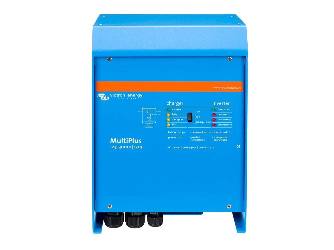 Victron MultiPlus Inverter/Charger 12 VDC - 3000VA - 120vAC w/120AMP Battery Charger - 50AMP Transfer Switch