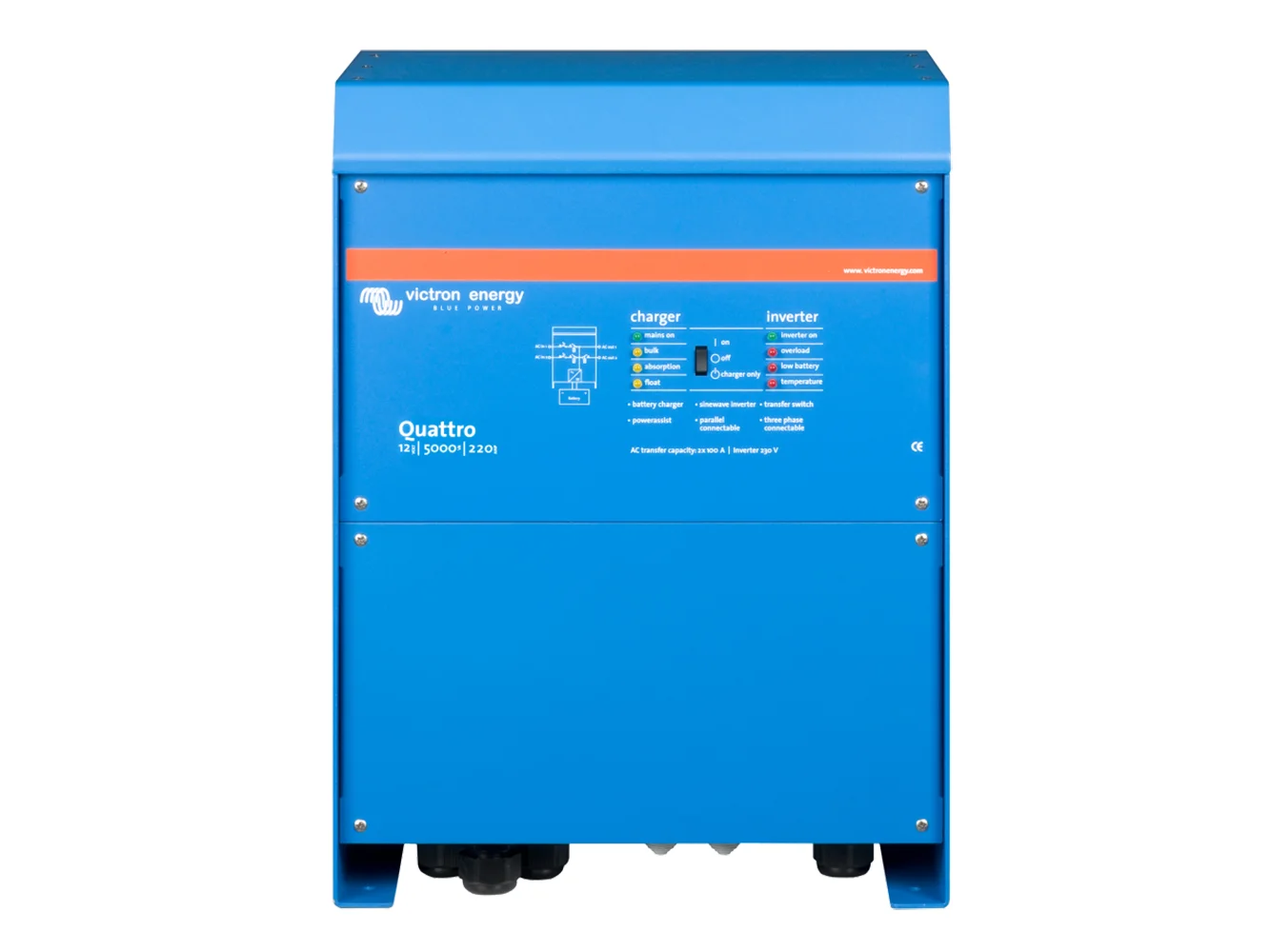 Victron Quattro Inverter/Charger 12 VDC - 5000W -Dual 100AMP 120VAC Inputs - Auto Transfer Switch - 200AMP Battery Charger - Stackable