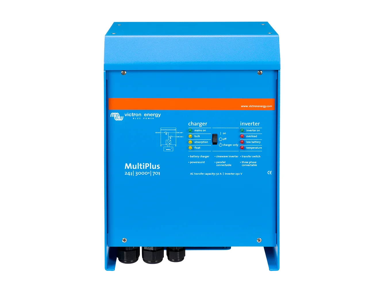 Victron Multiplus Inverter/Charger 24V DC - 3000W - 120V AC w/70AMP Battery Charger - 50AMP Transfer Switch (UL LISTED)