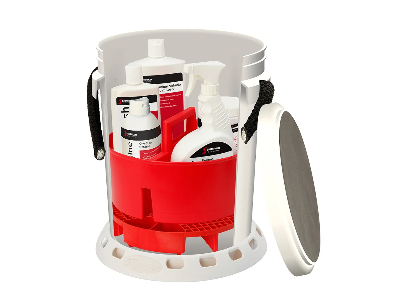 Shurhold 5 Gallon White Bucket Kit - Includes Bucket, Caddy, Grate Seat, Buff Magic, Pro Polish Brite Wash, SMC & Serious Shine
