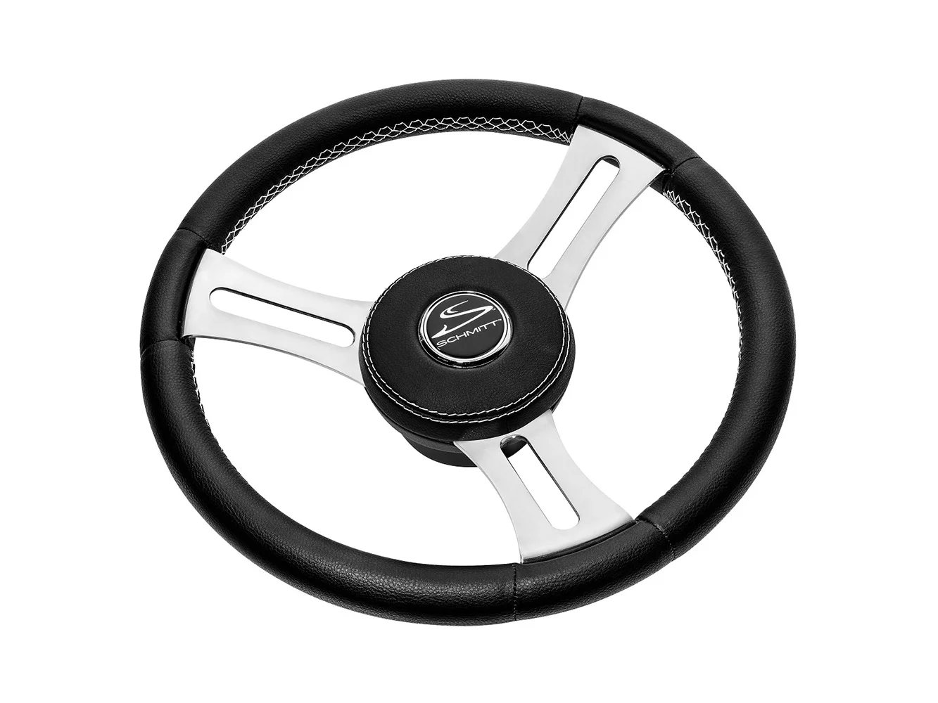 Schmitt Marine Torcello Elite 14" Wheel - Black Leather & Cap - White Stitching - Polished SS Spokes - 3/4" Tapered Shaft
