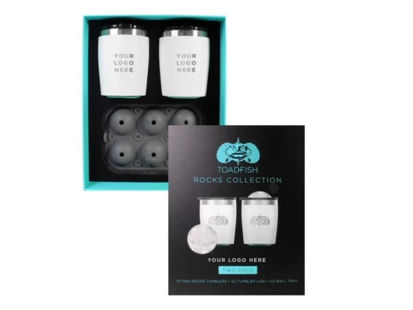 Toadfish Custom Engraved Non-Tipping 10oz White Rocks Tumblers with Ice Ball Tray - 2 Tumblers (MINIMUM ORDER QUANTITY OF 25)
