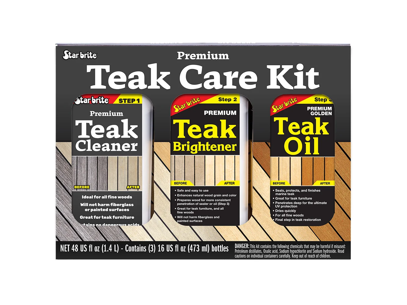 Star brite Premium Teak Care Kit - Step 1, Step 2, & Step 3 - 16 oz
