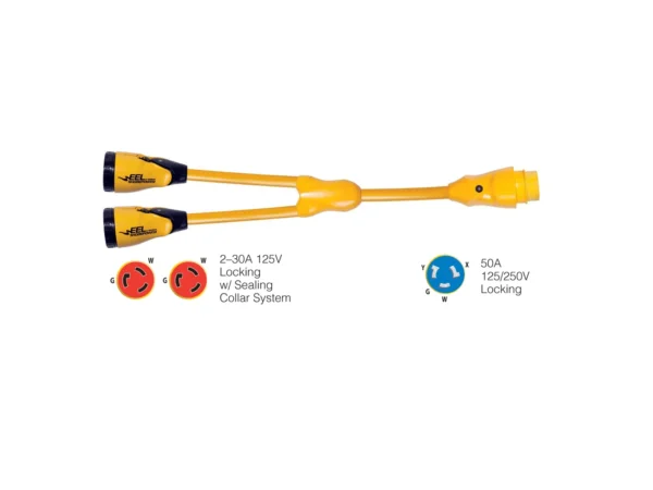 Marinco Y504-2-30 EEL (2)-30A-125V Female to (1)50A-125/250V Male "Y" Adapter - Yellow - Image 2