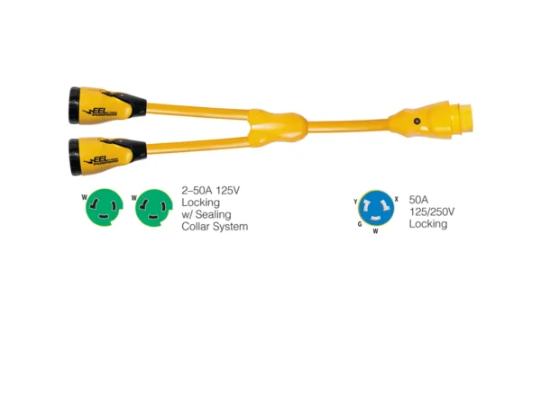 Marinco Y504-2-503 EEL (2)50A-125V Female to (1)50A-125/250V Male "Y" Adapter - Yellow - Image 2