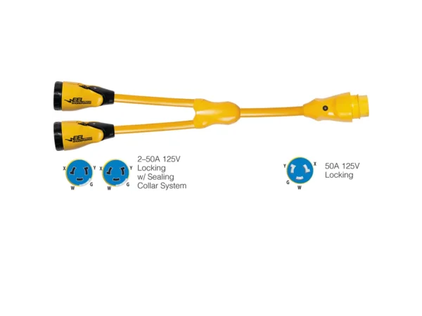 Marinco Y504-2-504 EEL (2)50A-125/250V Female to (1)50A-125/250V Male "Y" Adapter - Yellow - Image 2