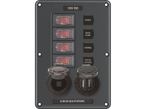 Blue Sea 4321 Circuit Breaker Switch Panel 4 Position - Gray w/12V Socket & Dual USB - Image 2