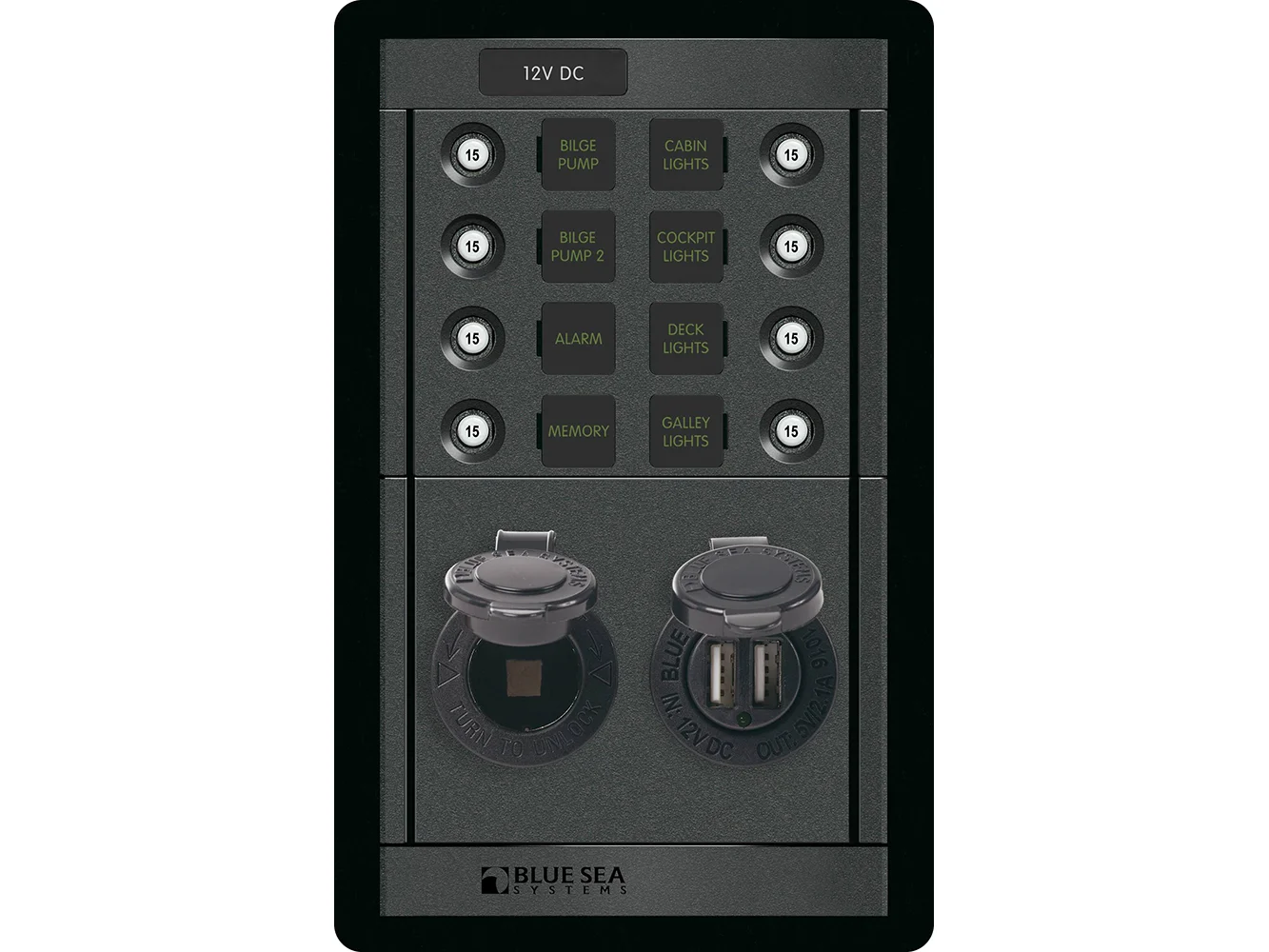 Blue Sea 1498 - 360 Panel - 8 Position 12V Panel w/Dual USB & 12V Socket - Image 2