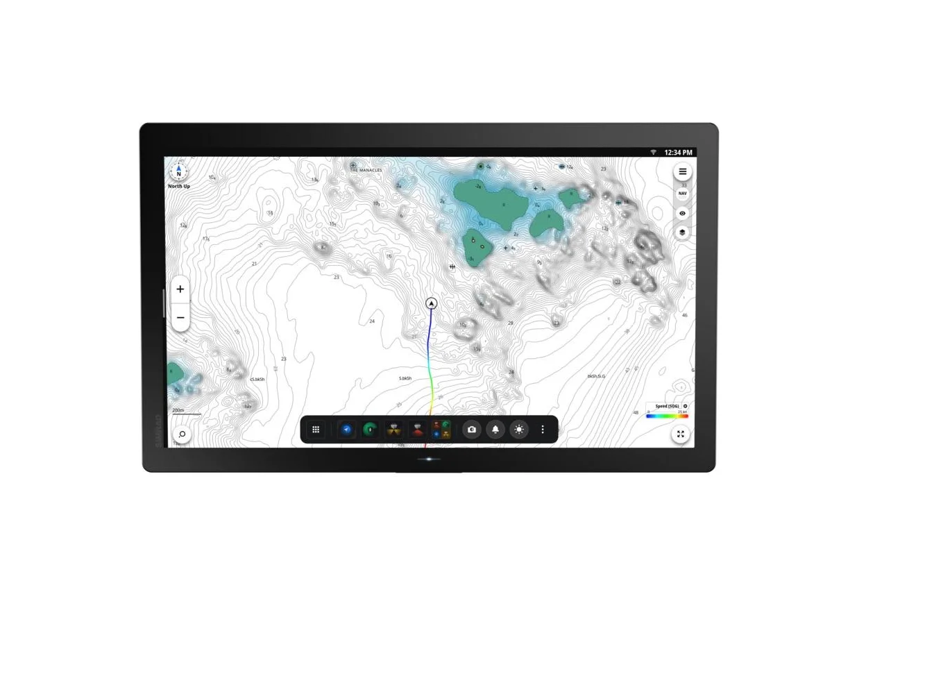 Simrad NSO 4-24. NEON OS, 24-inch Glass-bridge multi-function display. Qualcomm 8-core processor. Full HD touchscreen. Gigabit Ethernet, WIFI, Video In and Out. Next-generation C-MAP DISCOVER X chart included