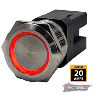 PLASHLIGHTS Marine Push Button Switch - Red LED - 20a - Stainless Steel - On/Off - Latching |PL22SS-L-RD