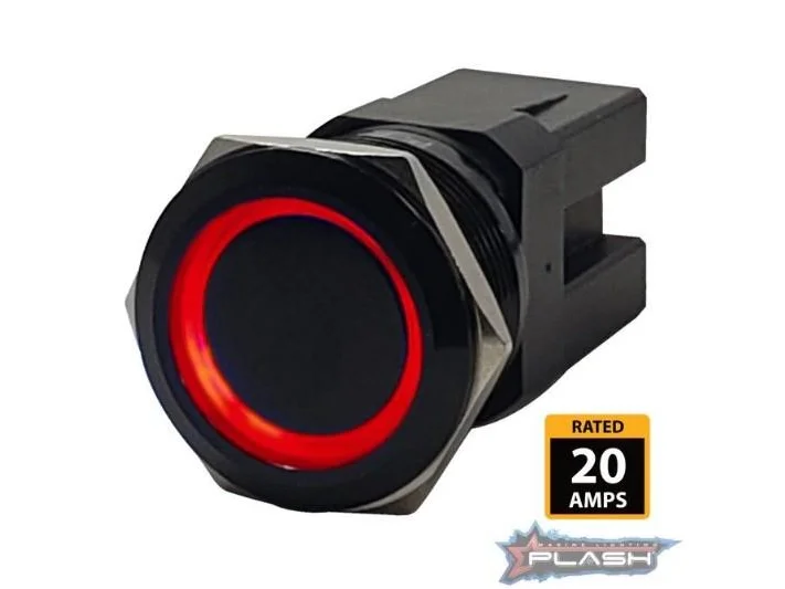 PLASHLIGHTS Marine Push Button Switch - Red LED - 20a - Black Anodized-Momentary | PL22BLK-M-RD