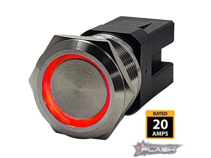 PLASHLIGHTS Marine Push Button Switch - Red LED - 20a - Stainless Steel - Momentary | PL22SS-M-RD