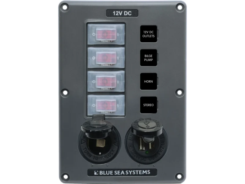 Blue Sea Water-Resistant 12V 4 Circuit Breaker Switch Panel with 12v Socket and Dual USB