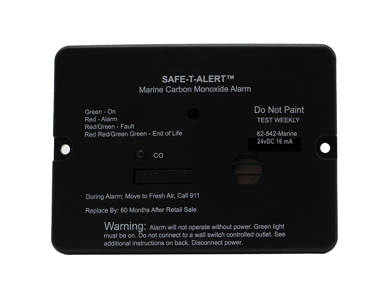 Safe-T-Alert 62 Series Marine Carbon Monoxide Alarm - 24V Flush Mount - Black