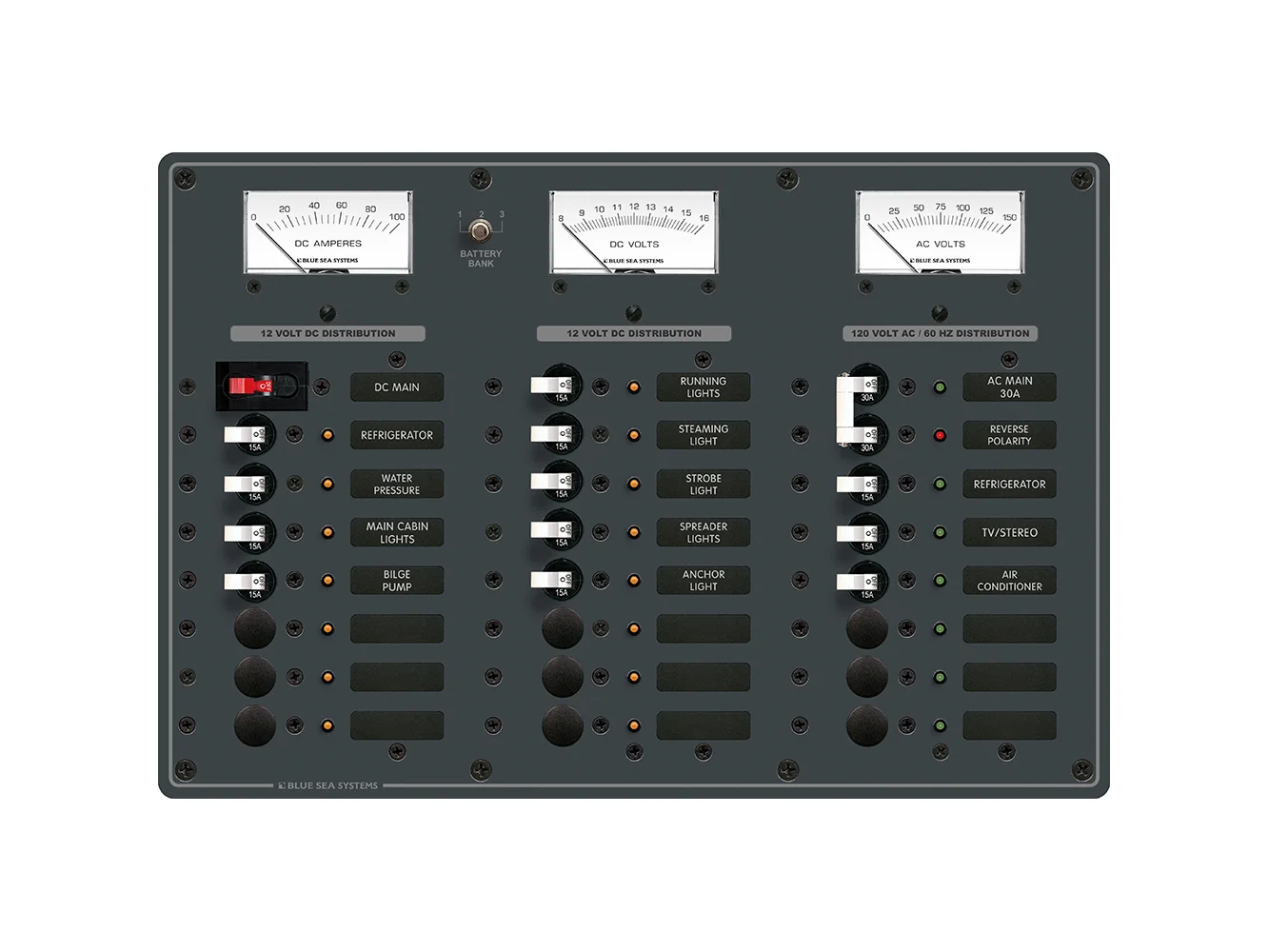 Blue Sea 8084 AC Main +6 Positions/DC Main +15 Positions Toggle Circuit Breaker Panel - White Switches