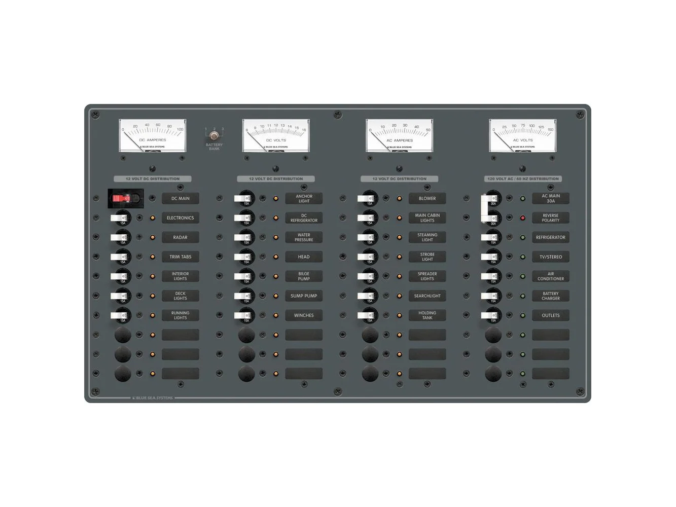 Blue Sea 8095 AC Main +8 Positions / DC Main +29 Positions Toggle Circuit Breaker Panel (White Switches)