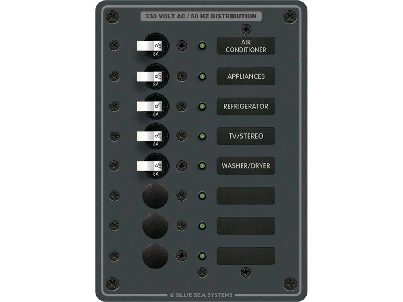 Blue Sea 8159 AC 8 Position 230v (European) Breaker Panel (White Switches)
