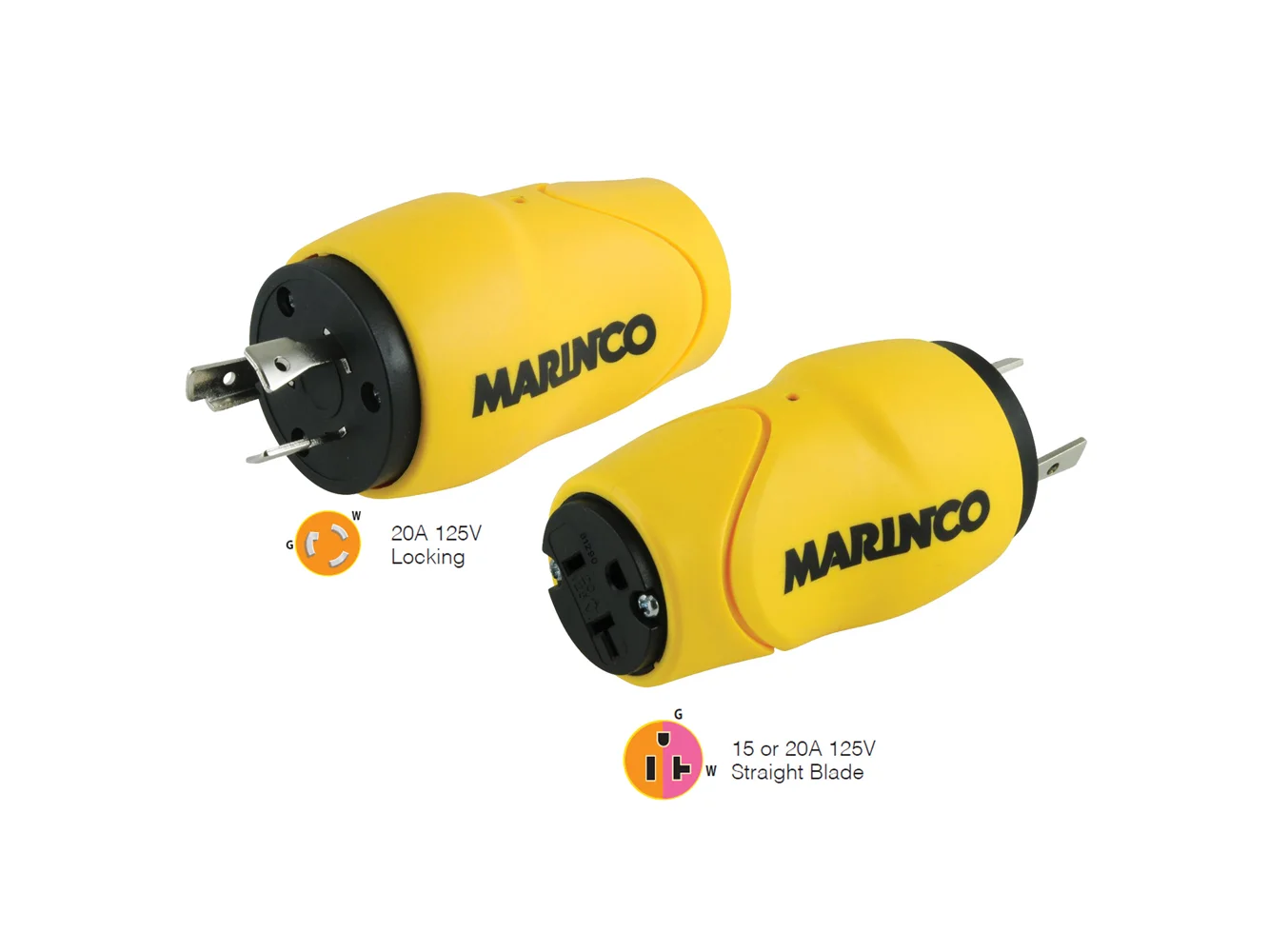 Marinco Straight Adapter 20Amp Locking Male Plug to 15Amp Straight Female Adapter