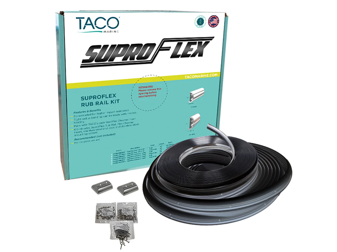 TACO SuproFlex Rub Rail Kit - Black w/Flex Chrome Insert - 2"H x 29/32"W x 80'L