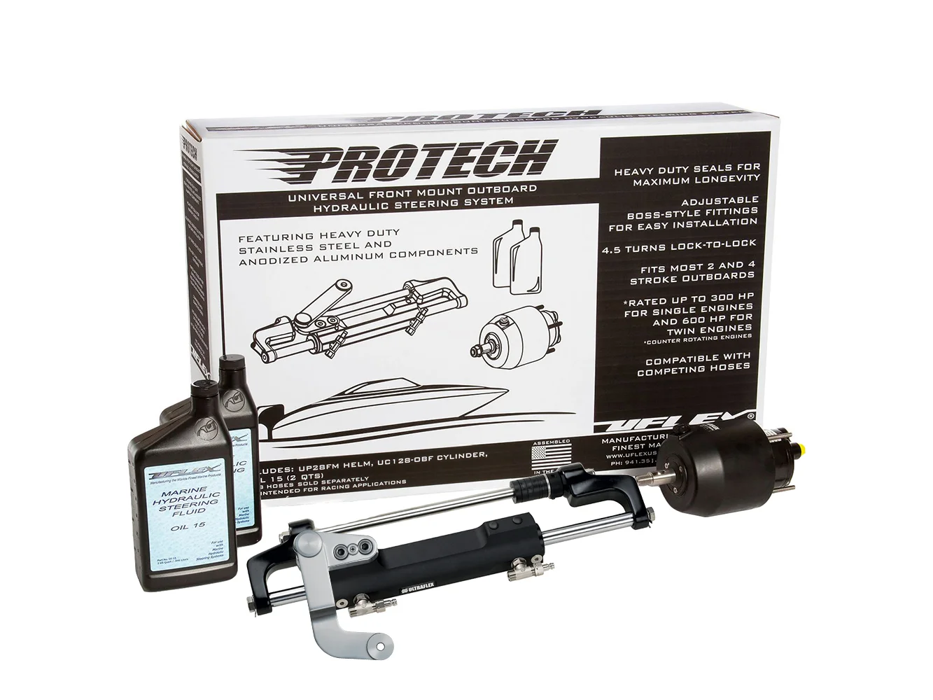 Uflex PROTECH 3.1 Front Mount OB Hydraulic System - Includes UP28 FM Helm, Oil & UC128-TS/3 Cylinder - No Hoses