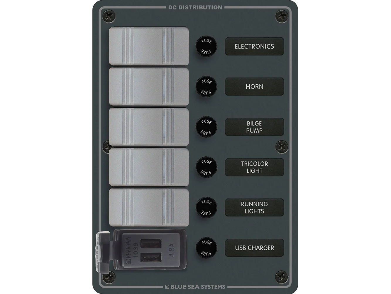 Blue Sea 8121 - 5 Position Contura Switch Panel w/Dual USB Chargers - 12/24V DC - Black