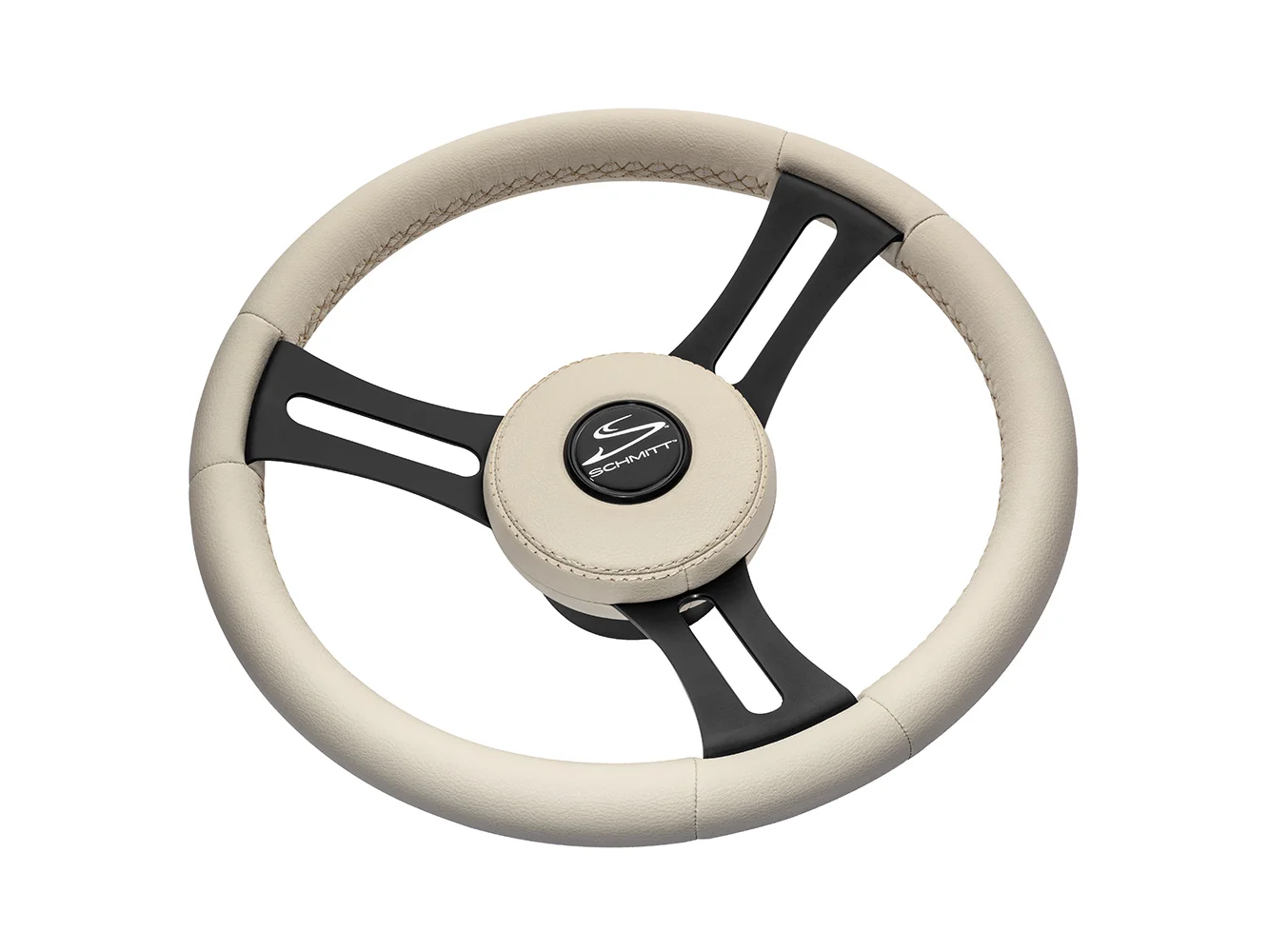 Schmitt Marine Torcello Elite 14" Wheel - Beige Leather & Cap - White Stitching - Black SS Spokes - 3/4" Tapered Shaft