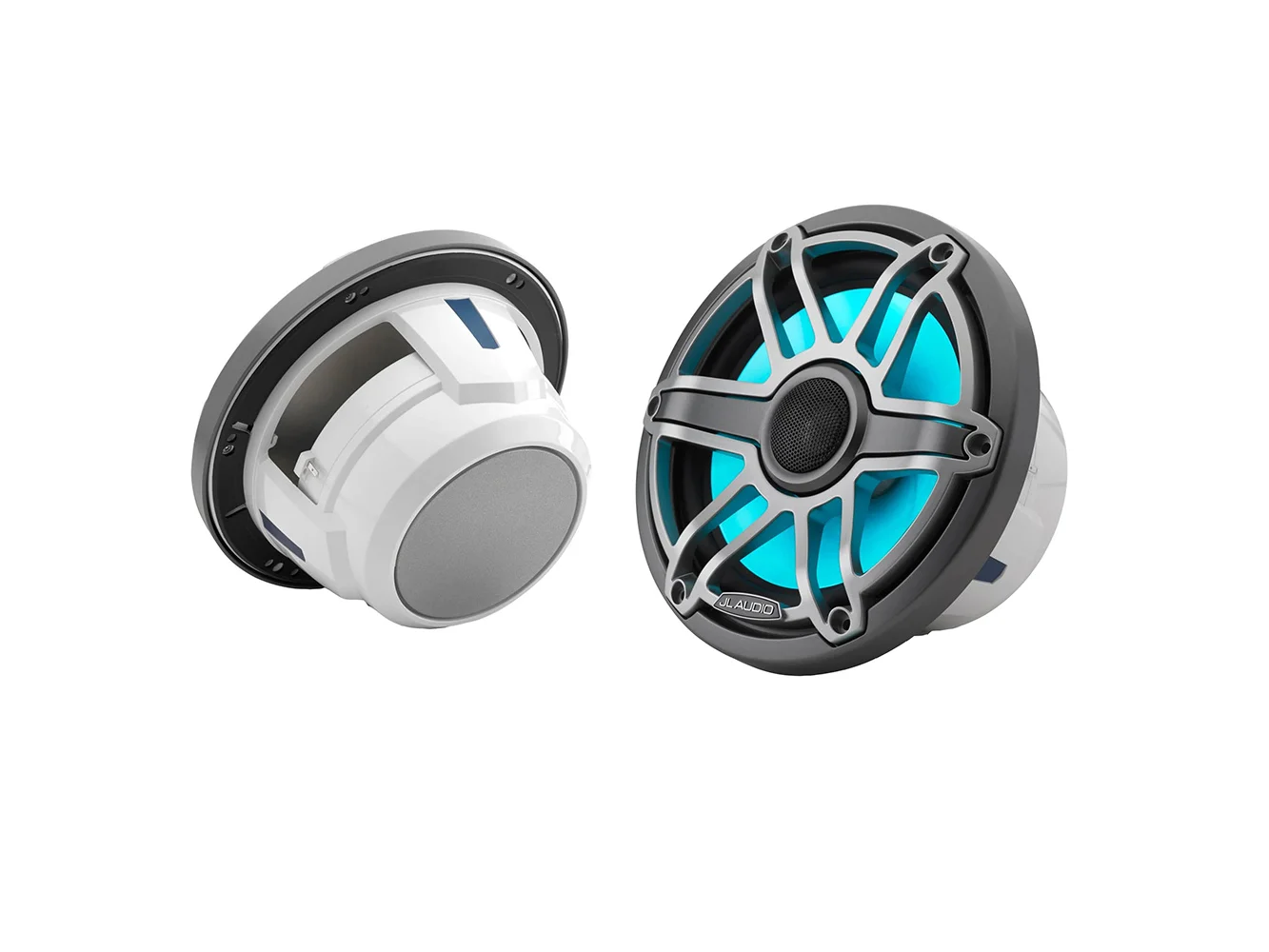 JL Audio M6 Series 7.7" Marine Coaxial Speakers w/Grey Metallic Sport Grille & Transflective™ LED Lighting - M6-770X-S-GmTi-i