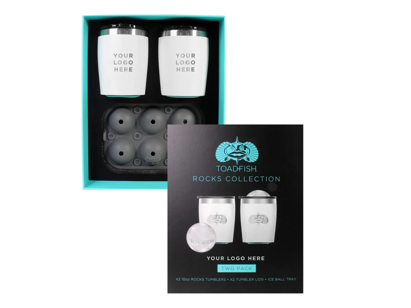 Toadfish Custom Engraved Non-Tipping 10oz White Rocks Tumblers with Ice Ball Tray - 2 Tumblers (MINIMUM ORDER QUANTITY OF 25)