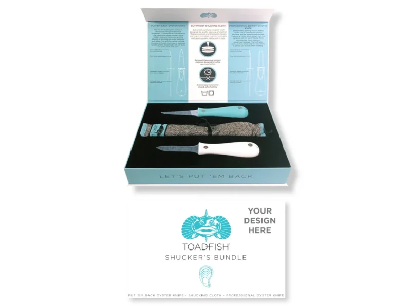 Toadfish Custom Engraved Shucker's Bundle - Teal Put 'Em Back Oyster Knife, Professional Oyster Knife & Cut-Proof Shucking Cloth - Knifes Are NOT Engraved (MINIMUM ORDER QUANTITY OF 25)